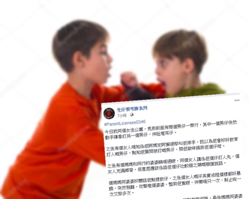 有網民目睹一名男童突然揮拳打另一名男童,更用手扯對方耳朵。網圖/Facebook專頁「生仔要考牌系列」截圖