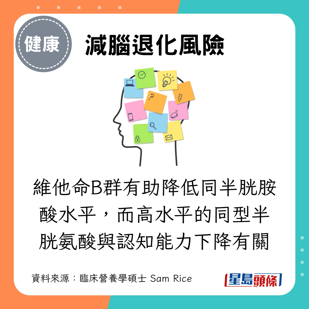 減腦退化風險：維他命B群有助降低同半胱胺酸水平，而高水平的同型半胱氨酸與認知能力下降有關