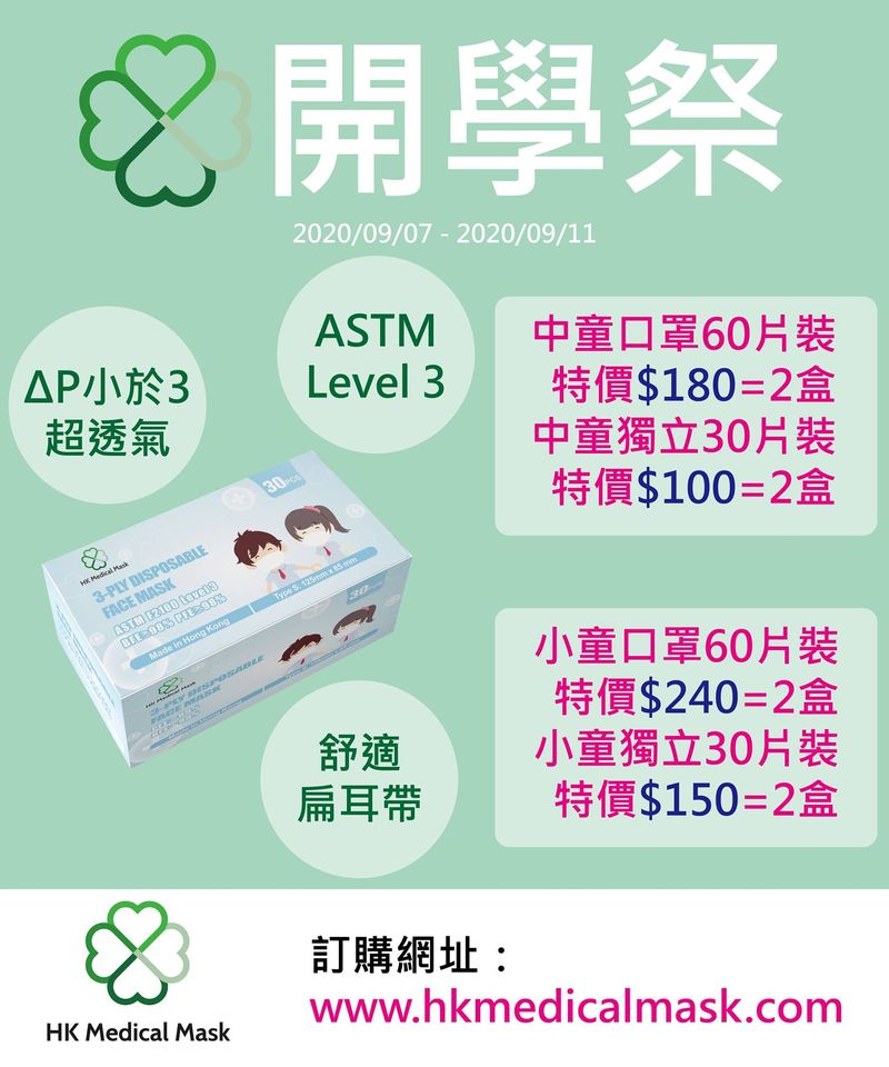 HK Medical Mask推出開學優惠。HK Medical Mask 圖片