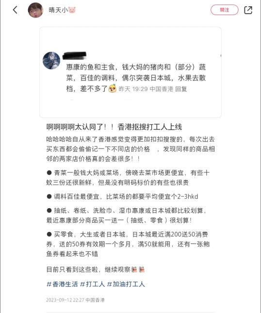 有港漂網民在社交媒體發文，分享香港買餸至抵攻略。（截圖自晴天小🐷小紅書）