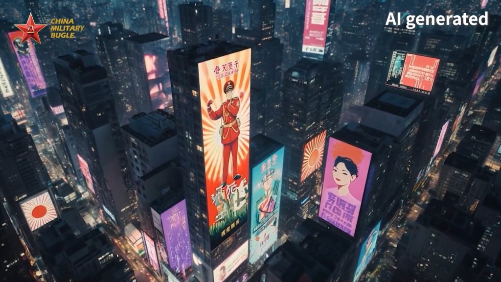 帖文更用人工智能（AI）生成一段MV，畫面出現多個日本軍國主義場面在文體領域出現。