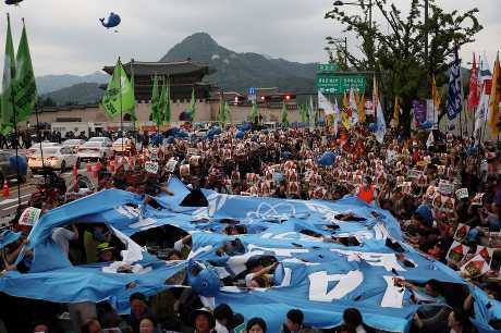 南韓上月有示威者抗議日本計劃排放核廢水。路透社