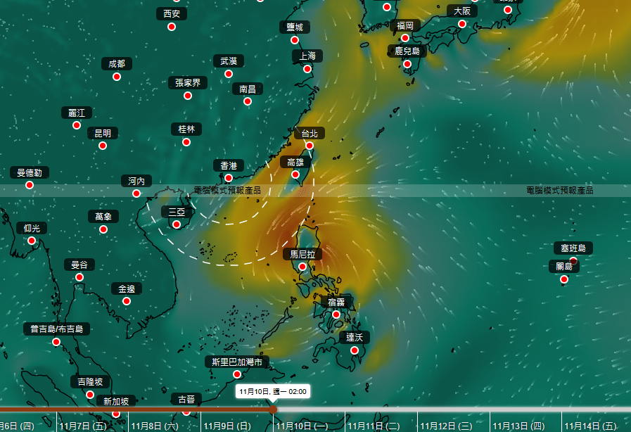 AI模型「伏羲」預測現時位於關島以南熱帶氣旋未來行走路徑。天文台擷圖 AI模型「伏羲」預測現時位於關島以南熱帶氣旋未來行走路徑。天文台擷圖