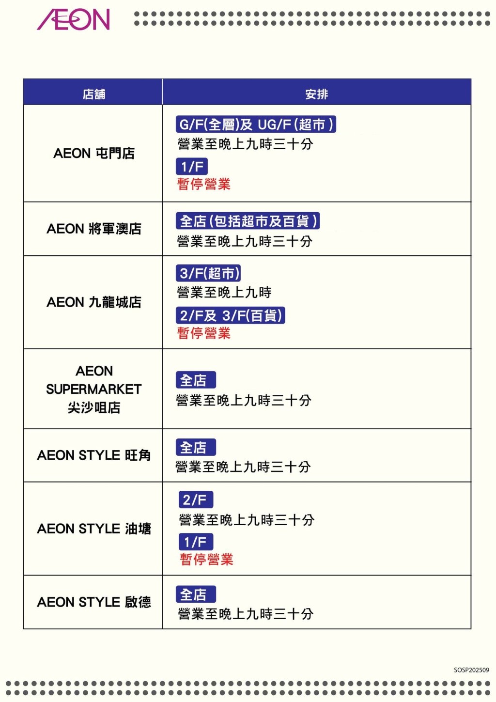 AEON、AEON超市、Living Plaza、Daiso因應天氣情況復業 