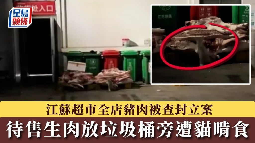 待售生肉放垃圾桶旁遭貓啃食，江蘇超市全店豬肉被查封立案。