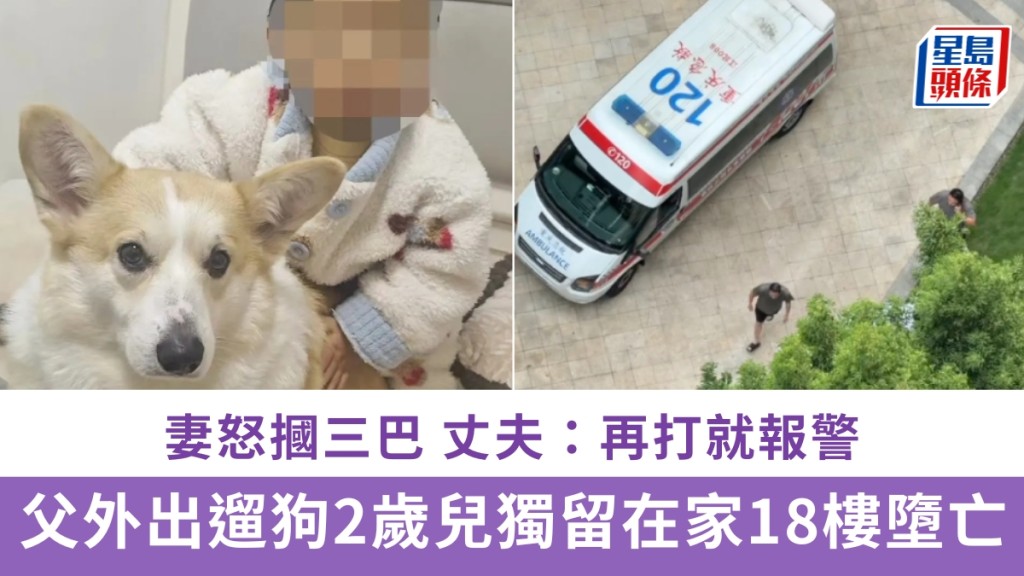父外出遛狗2歲兒獨留在家18樓墮亡，妻怒摑三巴丈夫揚言報警。