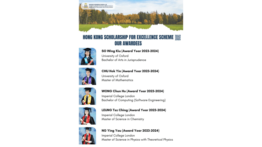 浸大附屬學校王錦輝中小學5學生獲頒香港卓越獎學金，數目創新高。網頁圖片