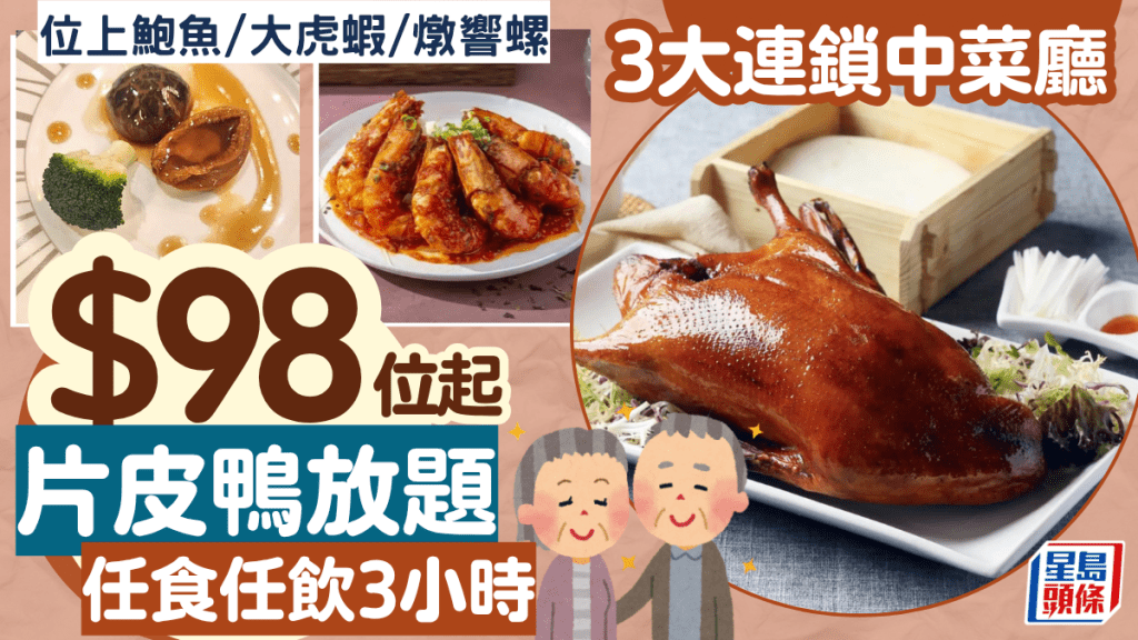 片皮鴨放題劈價$98/位！雲海匯/囍慶任食3小時每位加送6頭鮑魚/大虎蝦/燉響螺 無限任飲紅白酒