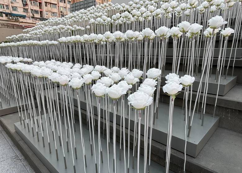 東九龍文化中心外階梯的LED玫瑰花海未展出已引來熱議，有網民批評嘲笑設計像「靈堂白花」，直言「唔老黎」。網上圖片