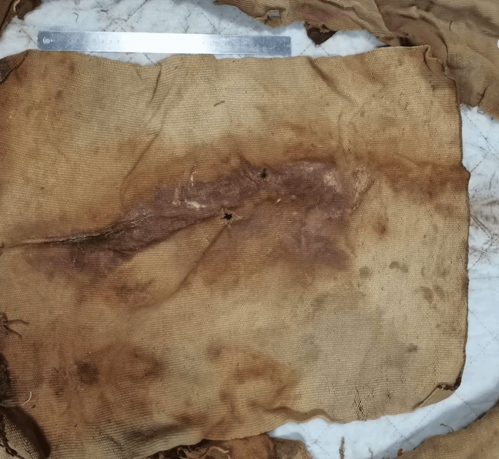 這塊「裹屍布」實為青銅時代的4件毛紡織品文物。 這塊「裹屍布」實為青銅時代的4件毛紡織品文物。