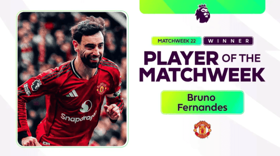 曼聯隊長B費是第22輪最佳球員。英超X圖片