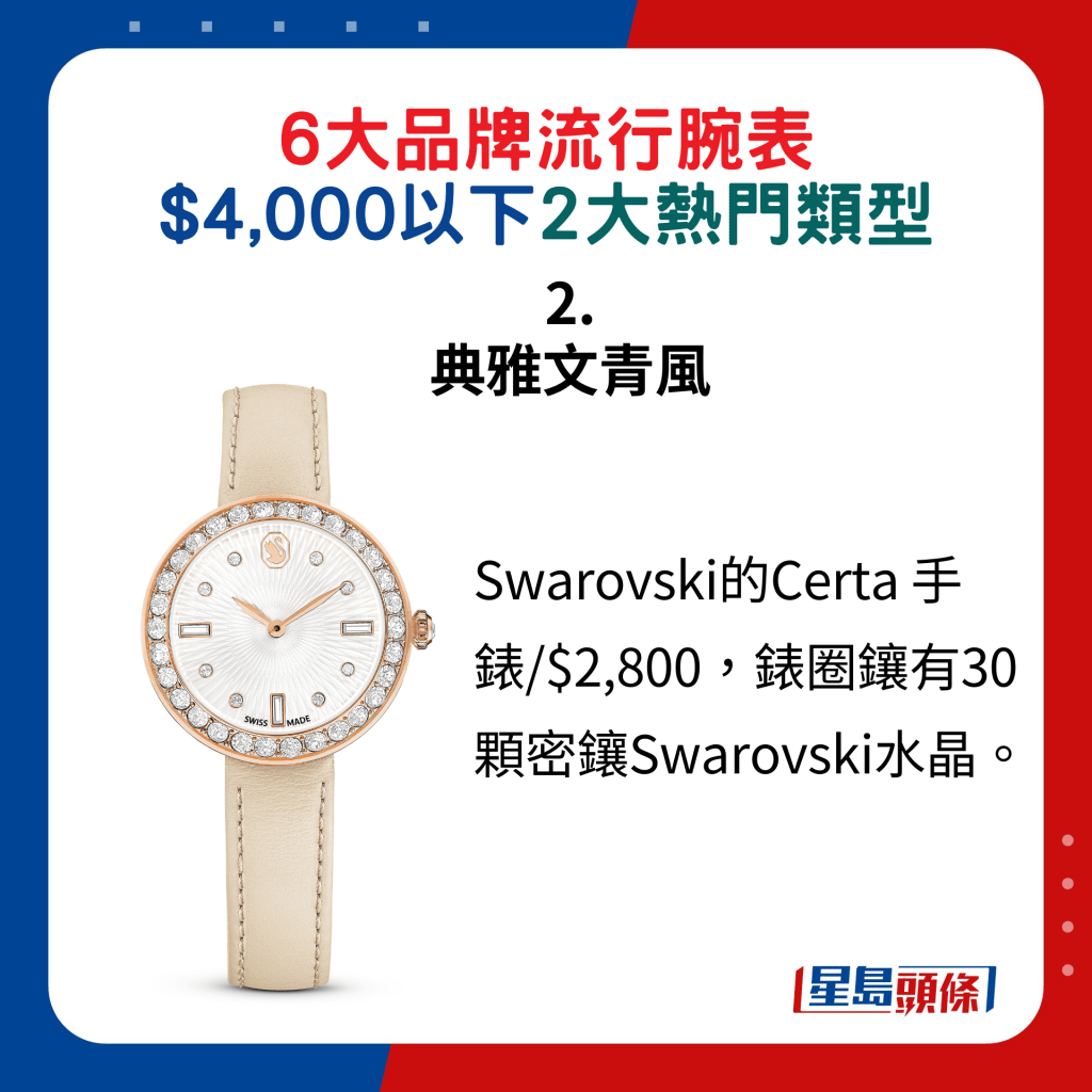 2. 典雅文青风：Swarovski的Certa 手表/$2,800，表圈镶有30颗密镶Swarovski水晶。