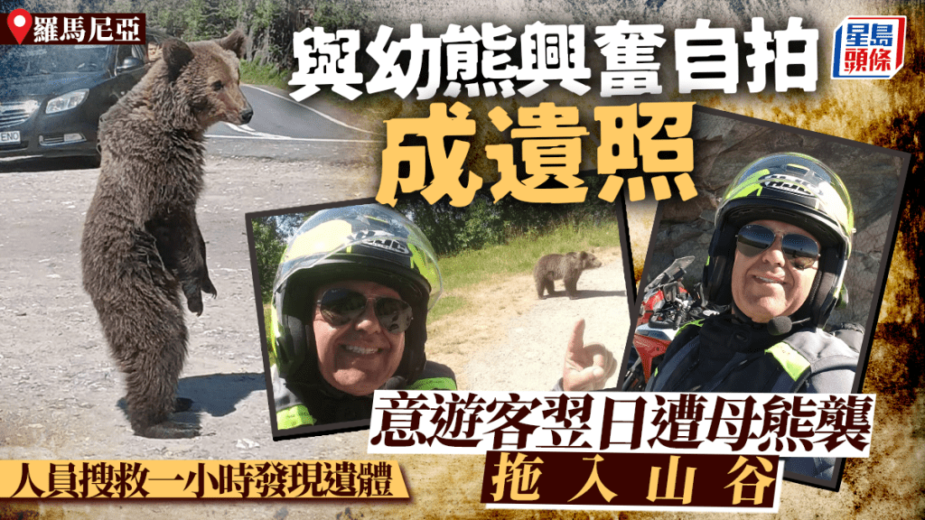 辛恩遊覽羅馬尼亞時與幼熊合照。