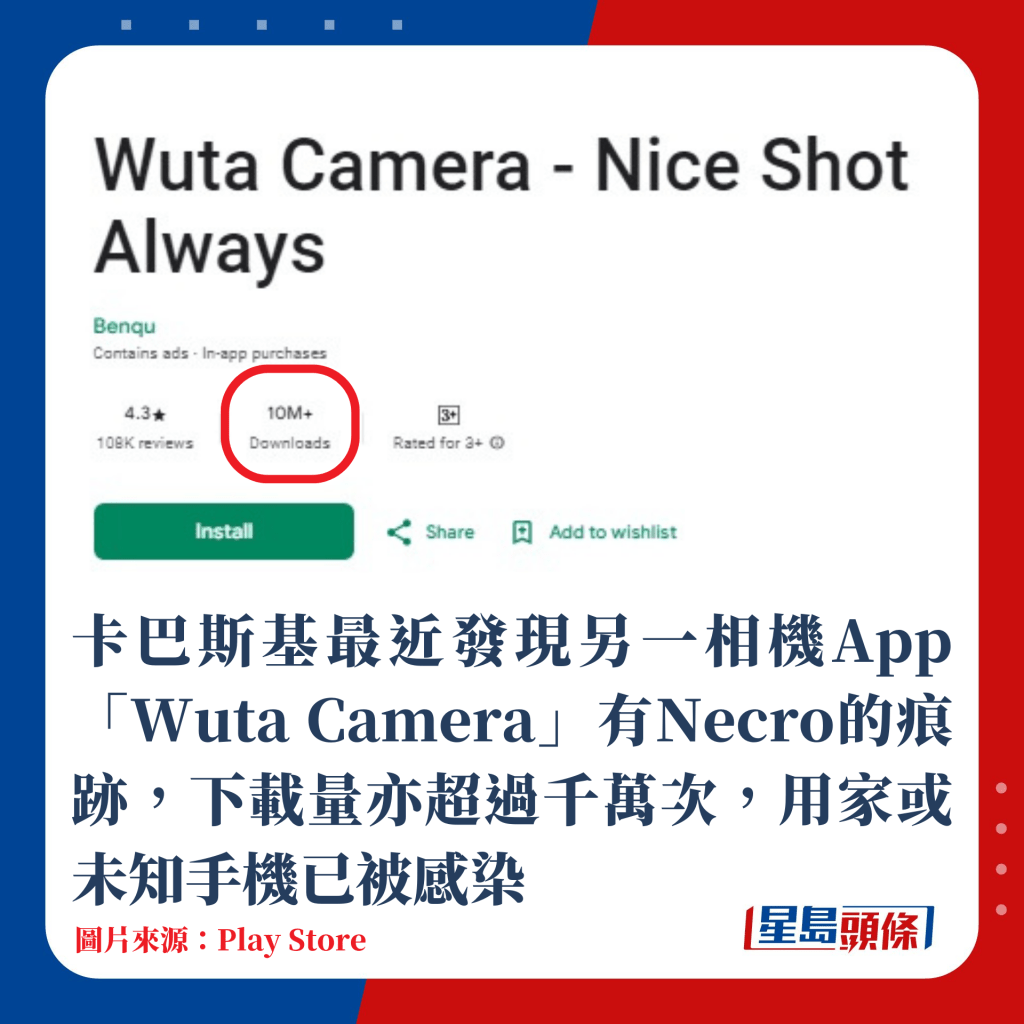 卡巴斯基最近發現另一相機App「Wuta Camera」有Necro的痕跡，下載量亦超過千萬次，用家或未知手機已被感染