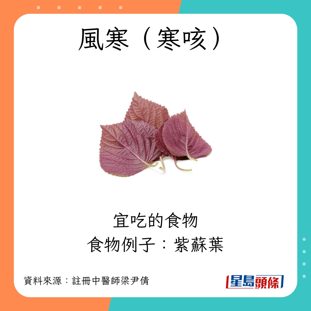 風寒（寒咳） 宜吃食物例子：紫蘇葉