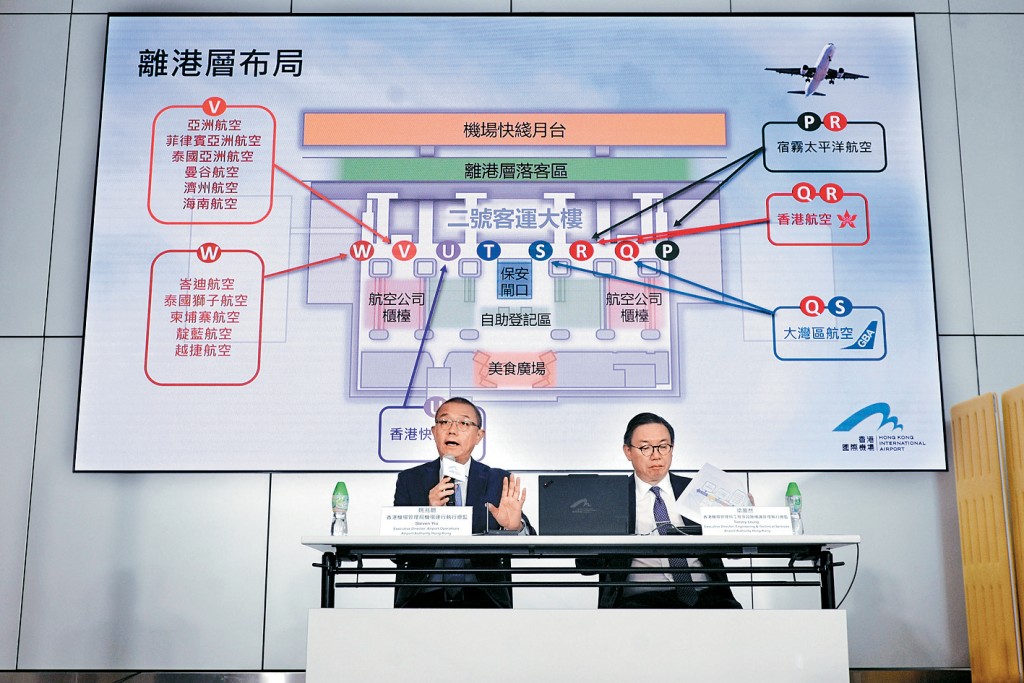 姚兆聪(左)表示，包括3间本地航空公司在内的15间航空公司，将分阶段于6月10日前进驻T2。