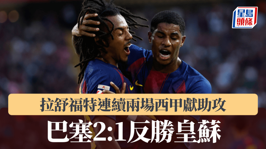 西甲｜拉舒福特再獻助攻 巴塞2：1挫皇蘇升榜首。美聯社