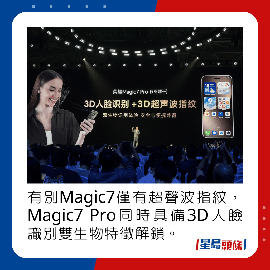 有别Magic7仅有超声波指纹，Magic7 Pro同时具备3D人脸识别双生物特徵解锁。