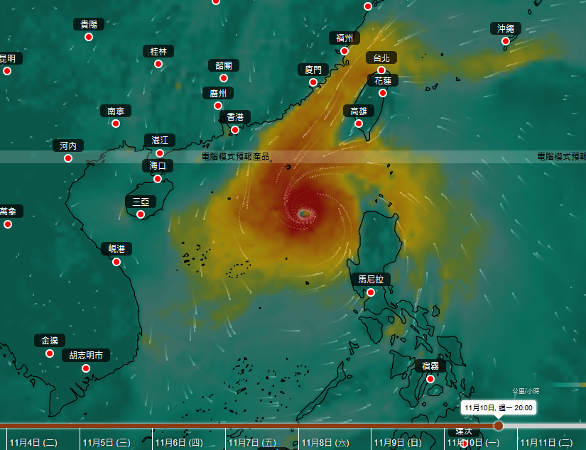 會在11月10日左右穿過菲律賓進入南海，然後向西北方向移動。天文台圖片