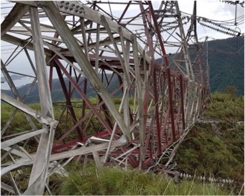 和平電廠輸電鐵塔遭狂風吹塌。自由時報