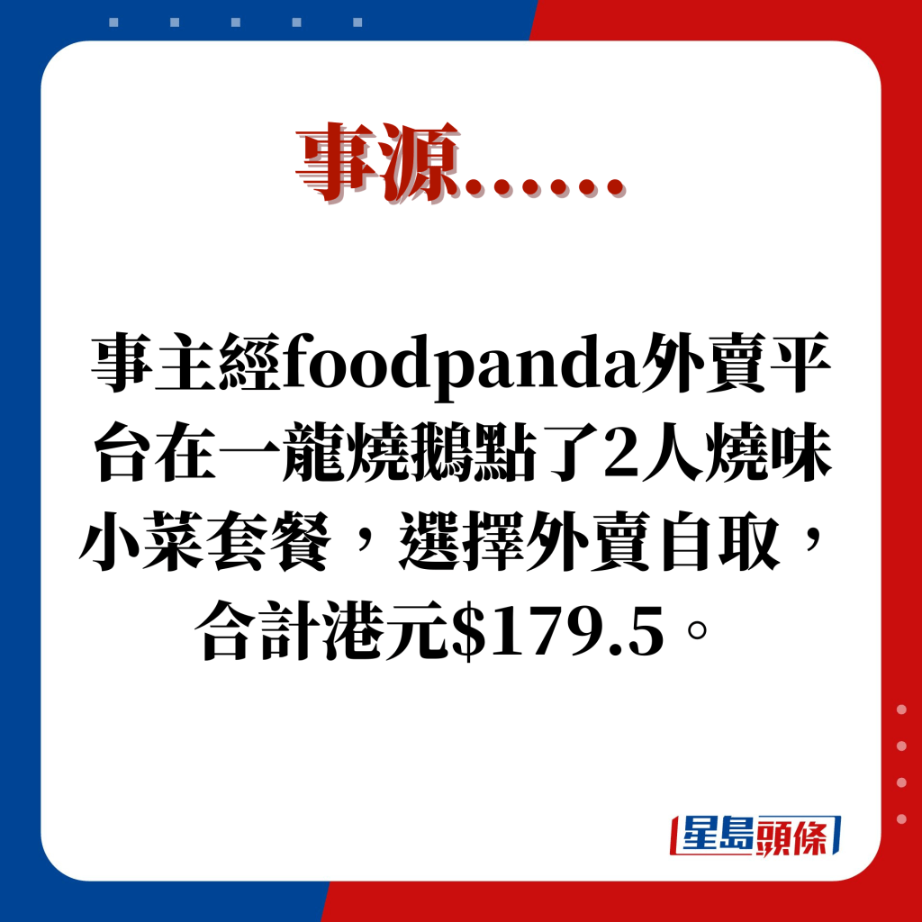 事主經foodpanda外賣平台在一龍燒鵝點了2人燒味小菜套餐，選擇外賣自取，合計港元$179.5。