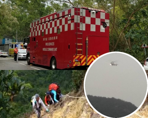 現場有救護車及流動指揮車到場(上圖)，吊手岩山勢險峻(下)。本報記者攝/網圖