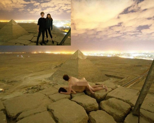 丹麥攝影師維德（Andreas Hvid）攜帶一名女子爬上埃及金字塔，在塔頂拍下裸照，引起議論紛紛。(網圖）