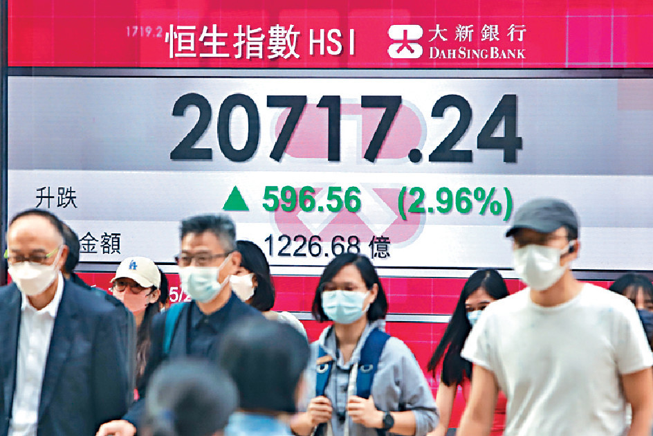 ■中港兩地股市上周五表現向好，恒指大升596點，收報20717點。