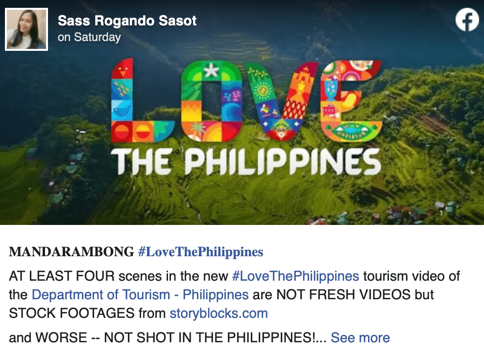 菲律宾部落客Sass Rogando Sasot首先发现片中的几个画面来自其他国家。