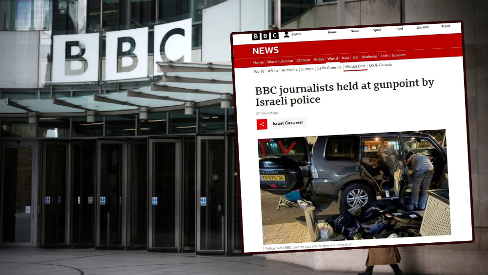 記者遭以色列警方持槍盤查,BBC主張報導自由。 路透社/BBC網站截圖