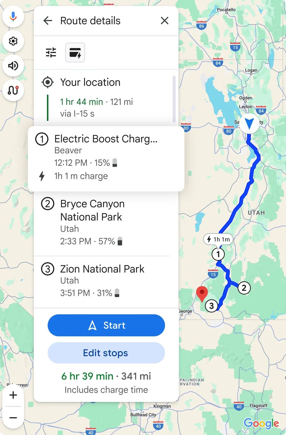 Google地图根据电池电量为长途旅程进行更好规划。