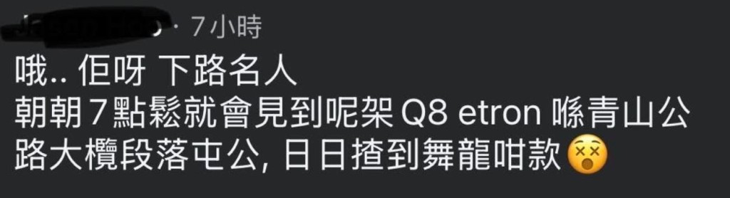 網民留言指涉事的Ａudi司機早有「前科」，經常在公路狂飆。網上截圖