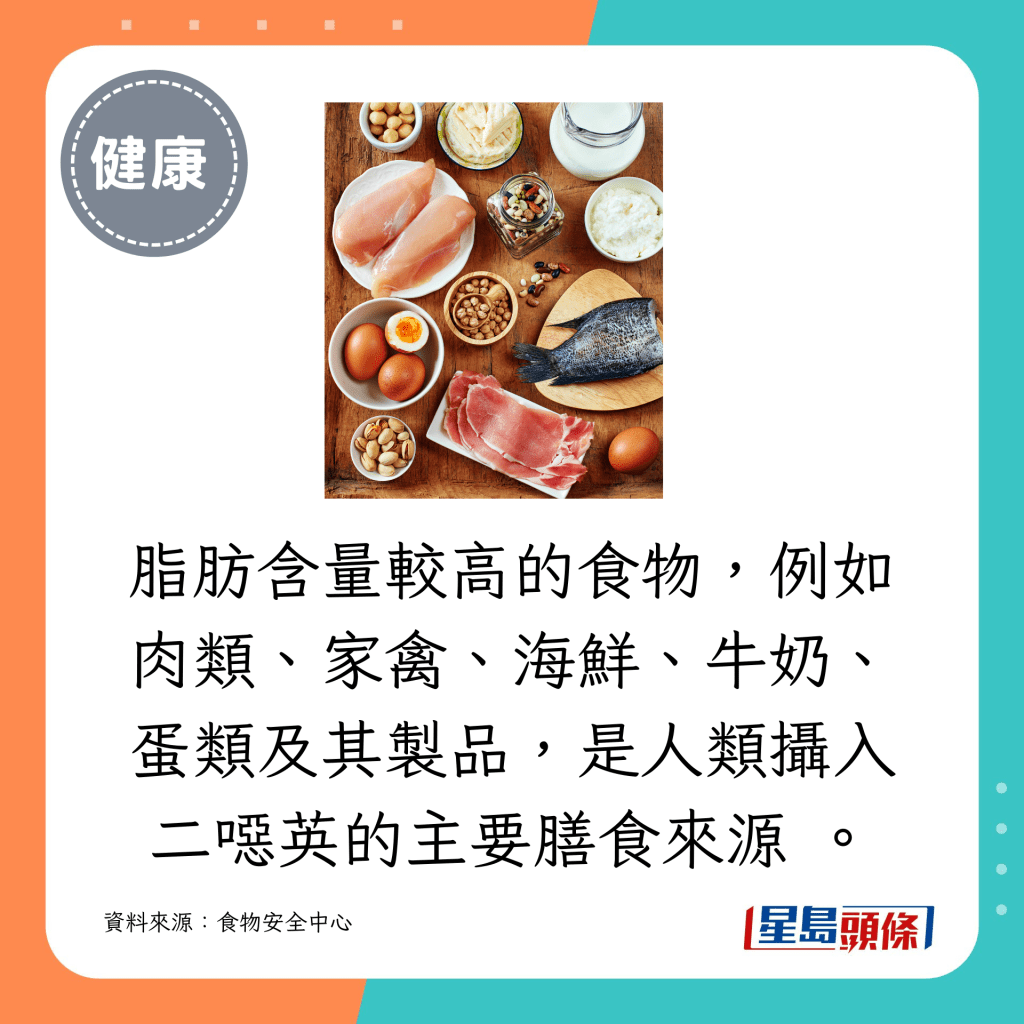 脂肪含量較高的食物，例如肉類、家禽、海鮮、牛奶、蛋類及其製品，是人類攝入二噁英的主要膳食來源 。