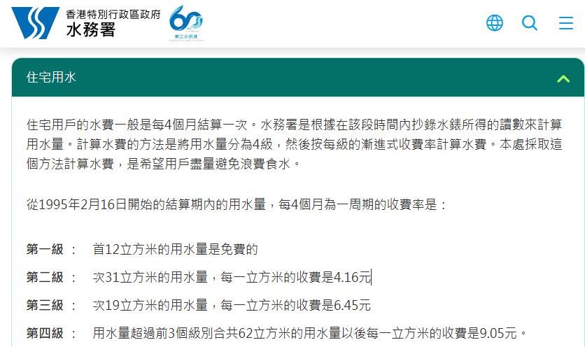 水費是以121.64天為一個4個月的結算期，並採取4級漸進式收費率計算。