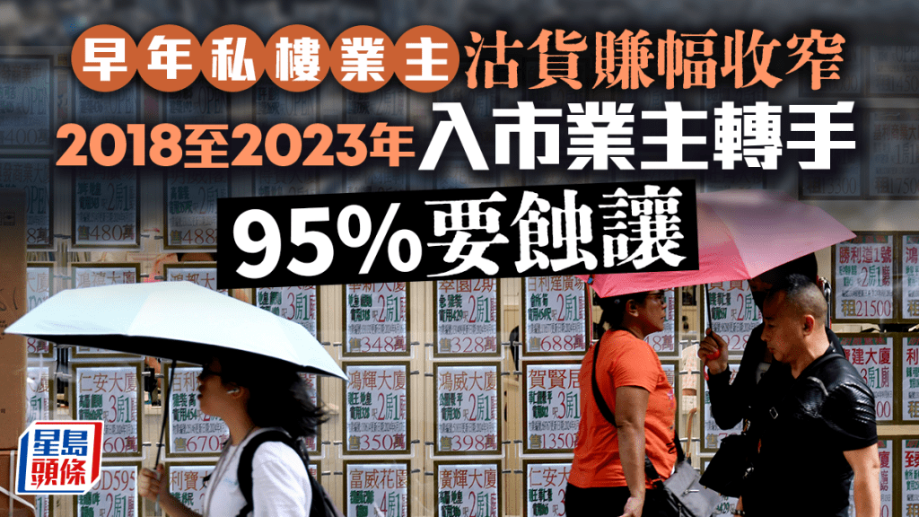 早年私樓業主沽貨賺幅收窄 2018至2023年入市業主轉手 95%要蝕讓