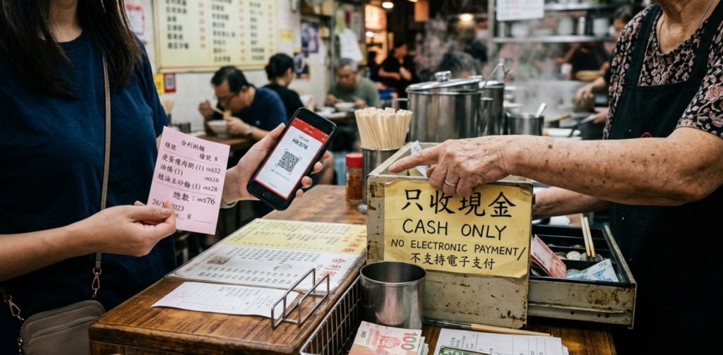 她分享，當她正打算在粥店埋單，並向粥店老闆娘確認：「只收現金啊？」老闆娘坦率回應：「係呀，見到錢開心啲呀嘛」。（AI生成示意圖）