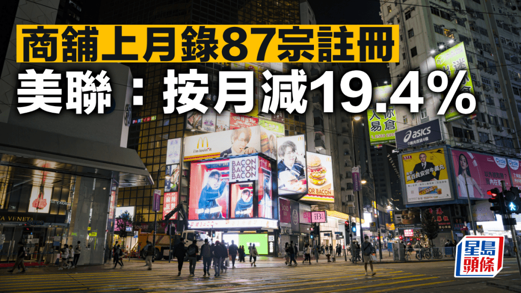 商舖上月錄87宗註冊 美聯：按月減19.4%