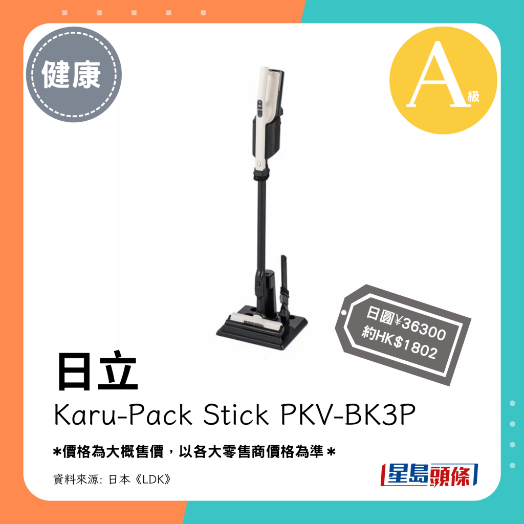 A级 第3位（4.03分）：日立 Karu-Pack Stick PKV-BK3P（日圆¥36300，约HK$1802）