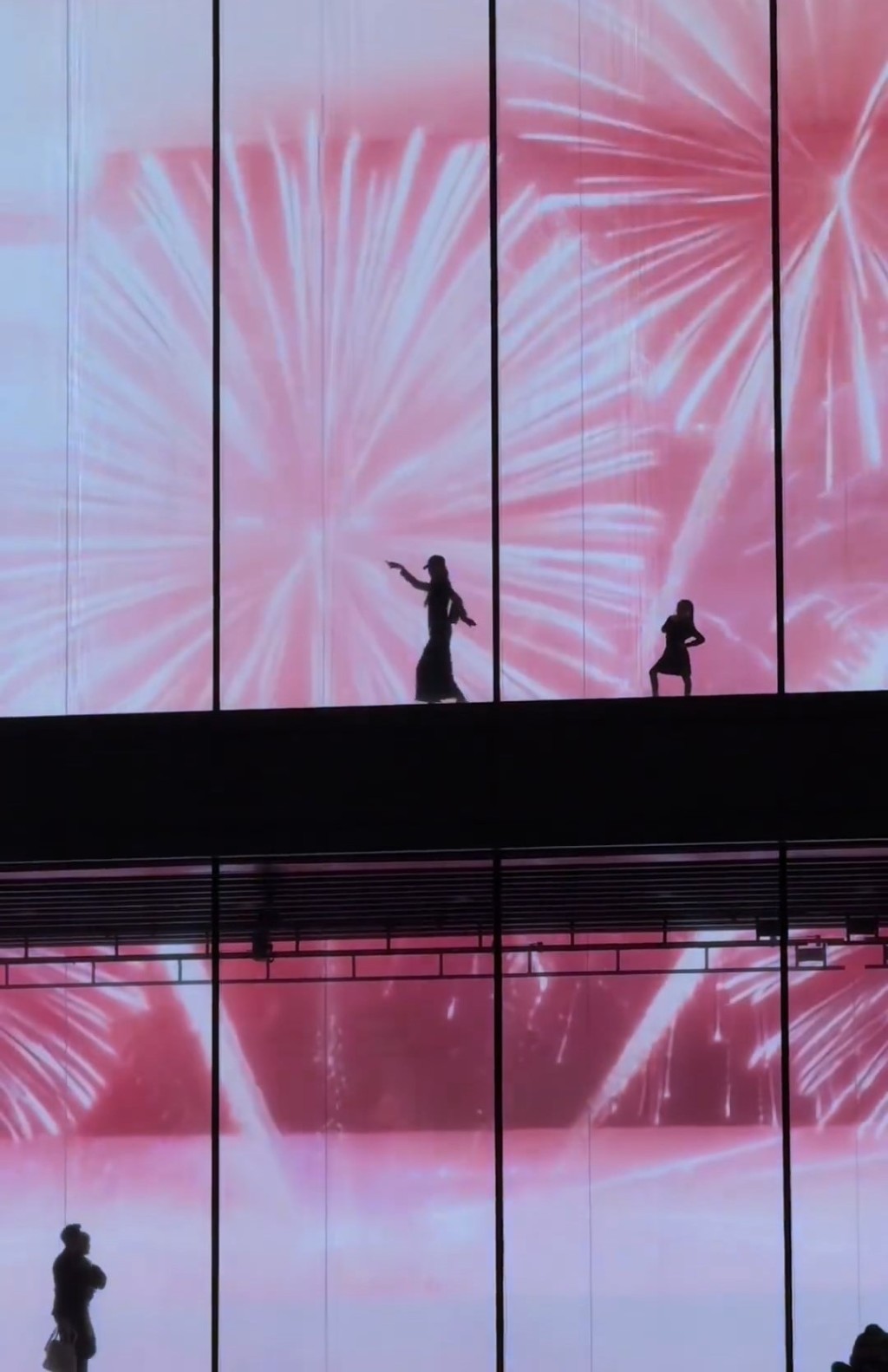 母女旅游上海浦东美术馆期间，在幕墙后忘情跳剪影舞。微博@小怂包