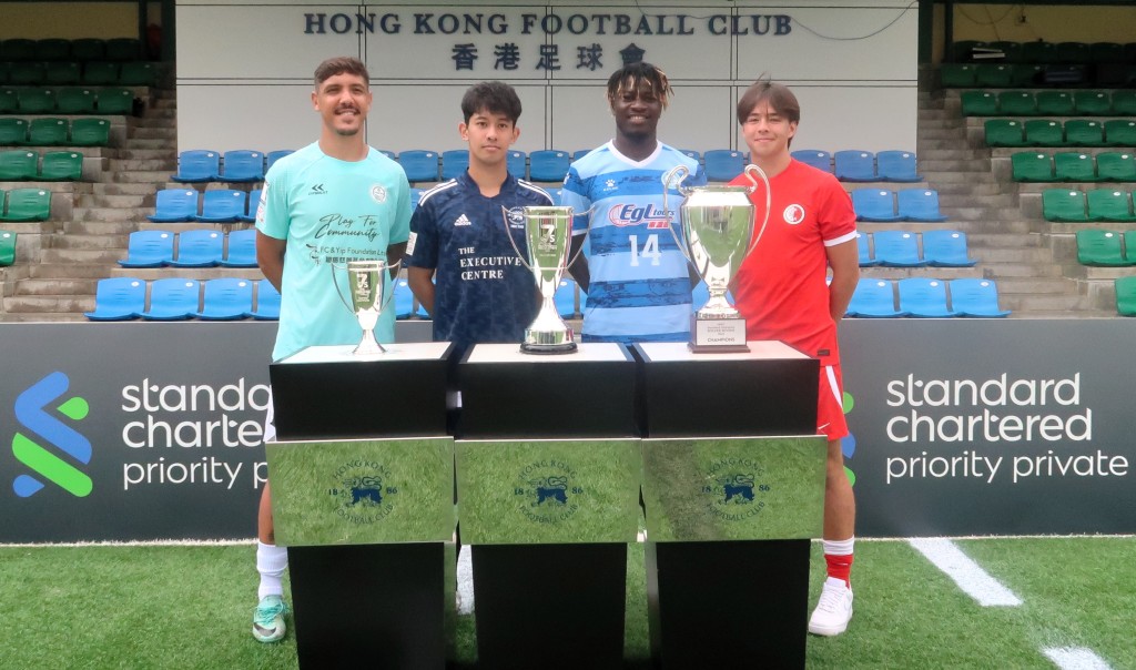 3支港超队伍大埔（左至右）、港会、浪及香港U20代表。（陆永鸿摄） 