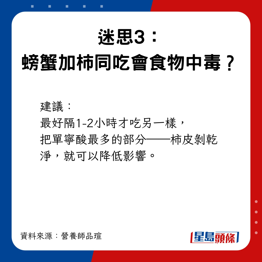 迷思3：螃蟹加柿同吃會食物中毒？