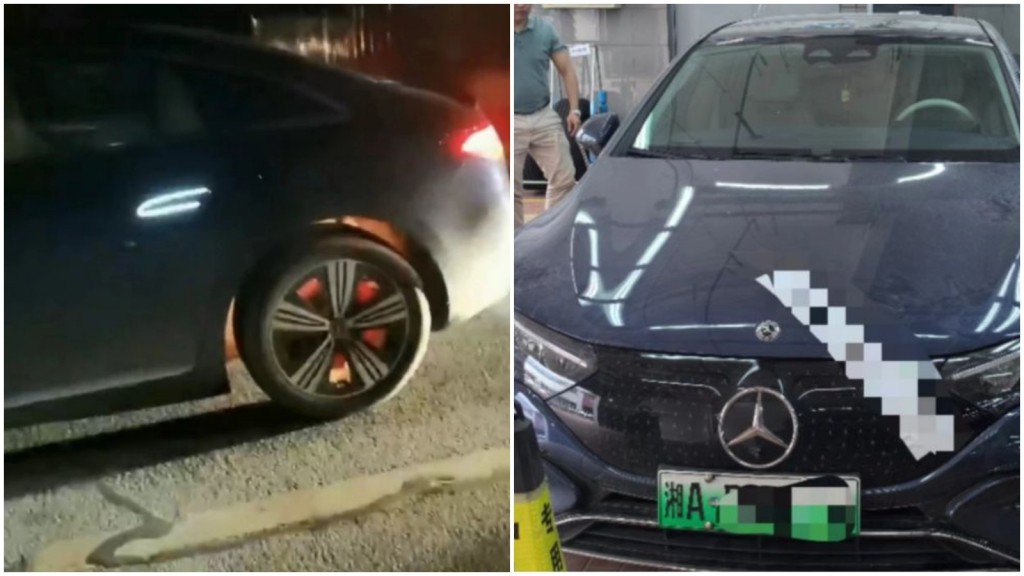 發生自燃的奔馳汽車後輪剎車碟通紅。