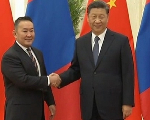 习近平会见蒙古国总统。央视图