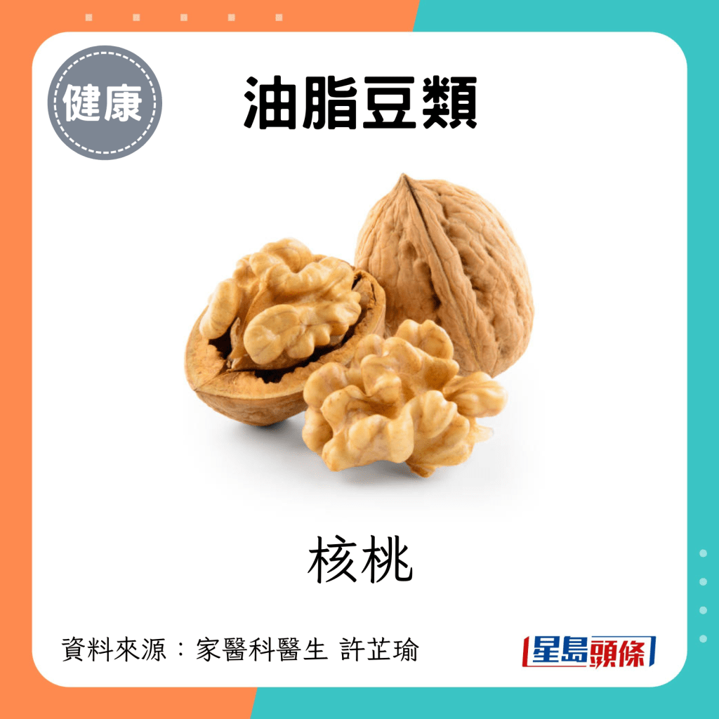 油脂豆類：核桃。