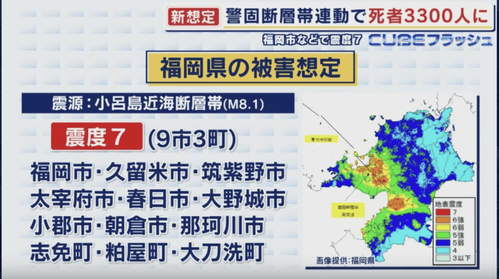 福岡縣公布了最新一份地震災害預測報告，一旦發生8.1級地震，將造成高達3,300人死亡。