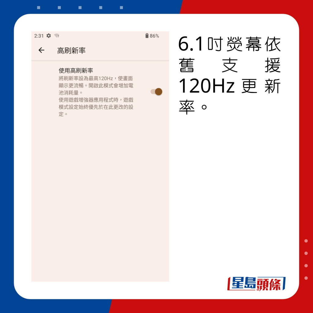 6.1寸荧幕依旧支援120Hz更新率。