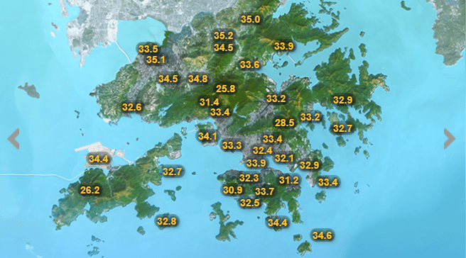 本港多區今日下午錄得33度以上，其中上水及打鼓嶺更錄得逾35度高溫。