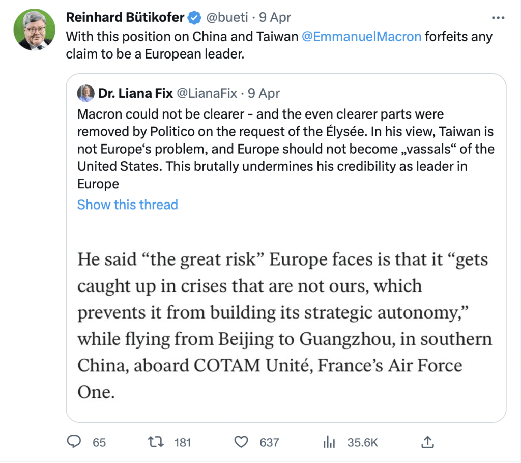 歐洲議會（European Parliament）對華關係代表團團長比蒂科費爾（Reinhard Butikofer）9日在推特發文，指馬克龍無資格擔任歐洲領袖。