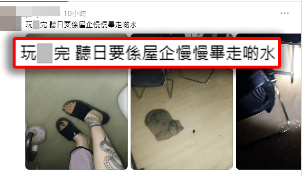 有住在粉嶺坪輋的紋身港女，凌晨在社交平台拍片直擊自己村屋慘變「水舞間」的恐怖實況（圖片來源：phiyanaet＠Threads）