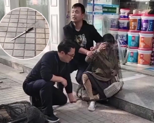 狗主持刀行刺城管，遭 反击被套入狗网套。（网图）